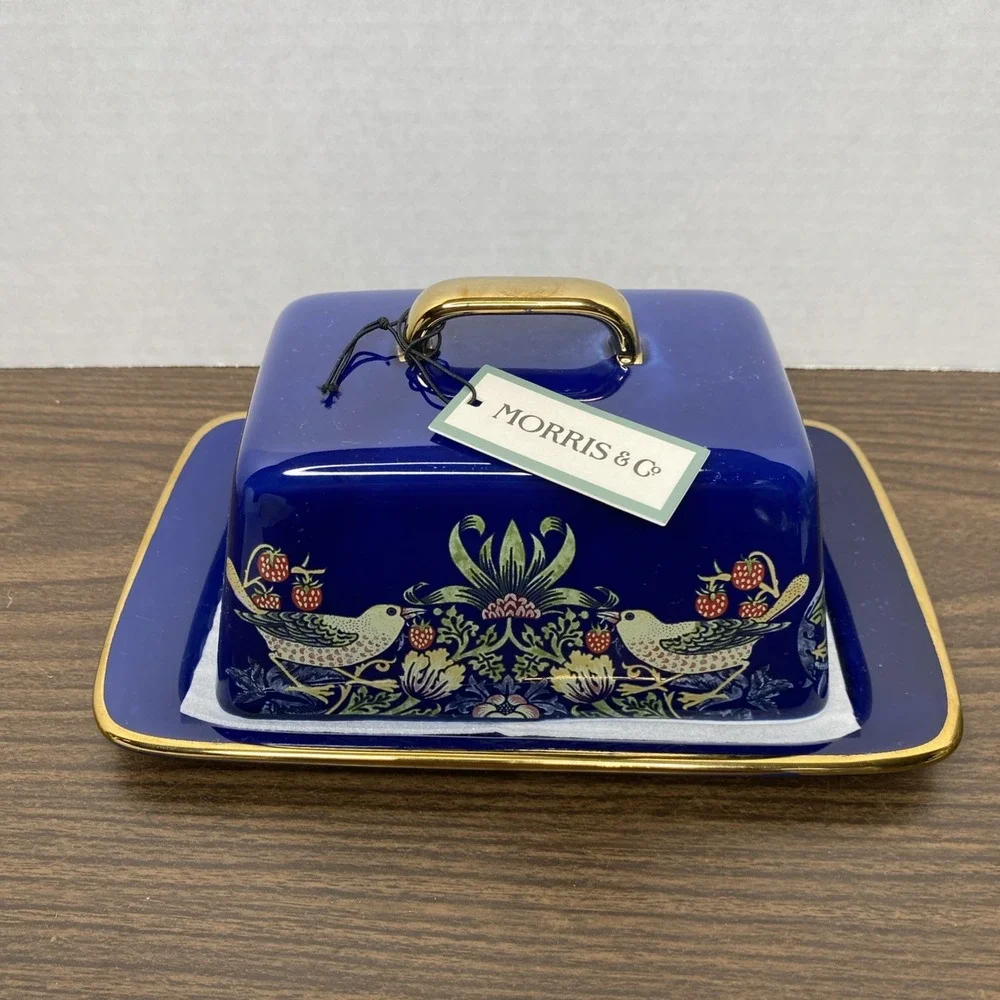 NWT William Morris & Co Strawberry Thief Butter Dish Blue with Gold Trim